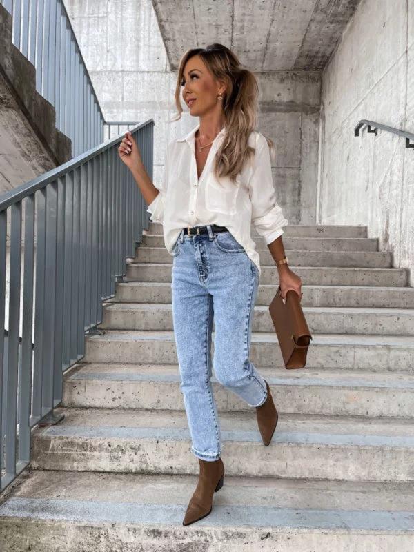 Women's pull-sleeve V-neck button lapel shirt - 808Lush