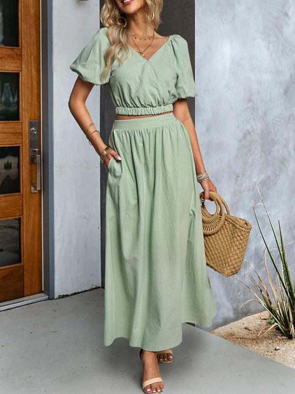 Women's V-neck short-sleeved top and skirt suit - 808Lush