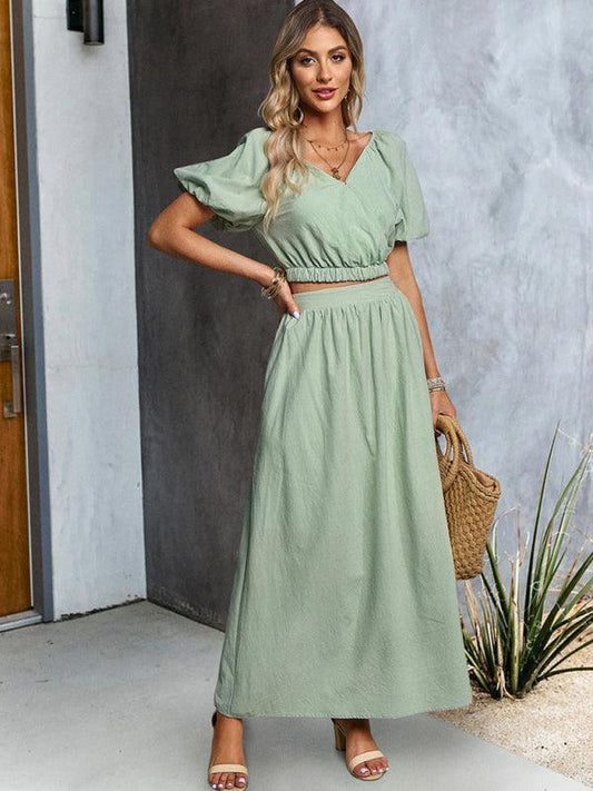 Women's V-neck short-sleeved top and skirt suit - 808Lush