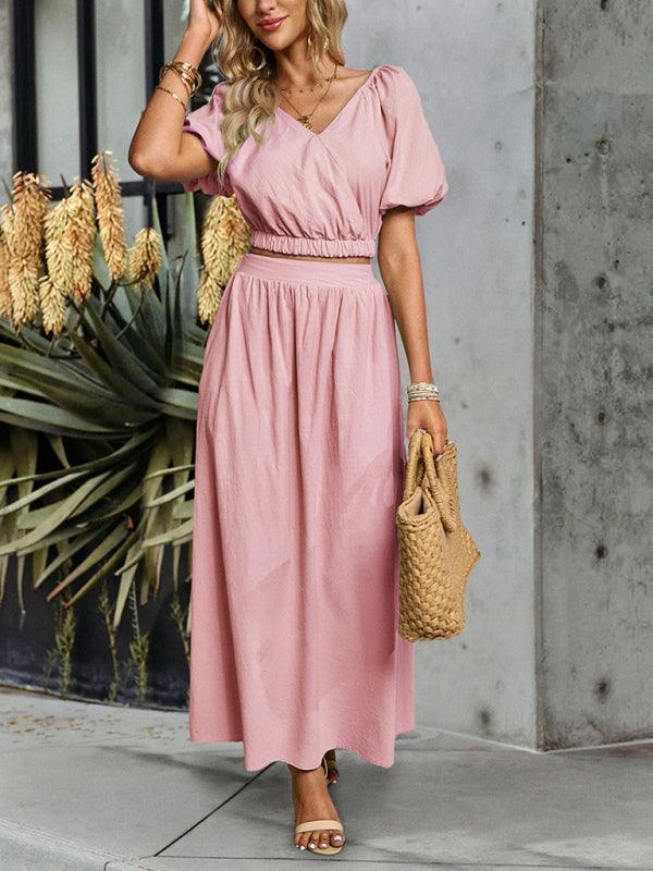 Women's V-neck short-sleeved top and skirt suit - 808Lush