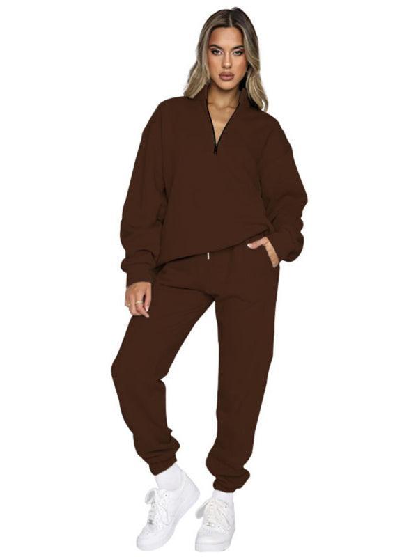 Women's stand-up collar zipper pullover long-sleeved sweatshirt and trousers suit - 808Lush