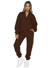 Women's stand-up collar zipper pullover long-sleeved sweatshirt and trousers suit - 808Lush