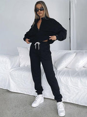 Women's stand-up collar zipper pullover long-sleeved sweatshirt and trousers suit - 808Lush
