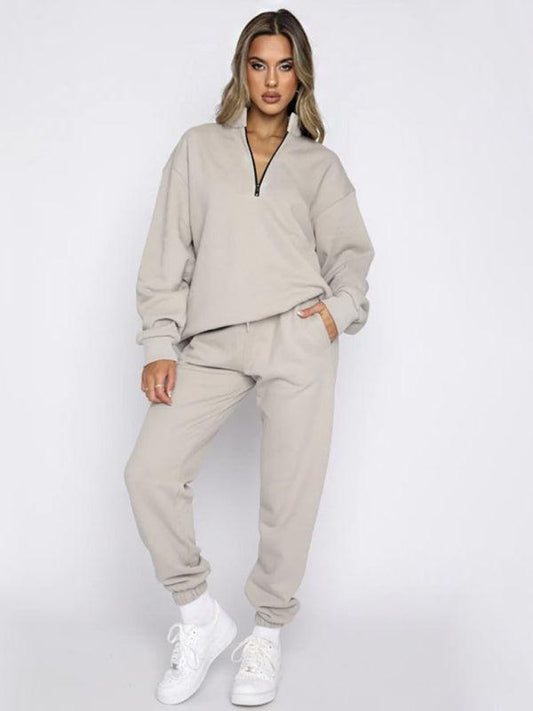 Women's stand-up collar zipper pullover long-sleeved sweatshirt and trousers suit - 808Lush