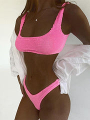 wrinkled fabric bikini macaron color split swimsuit - 808Lush