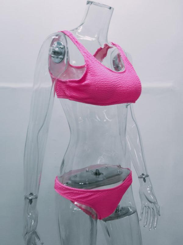 wrinkled fabric bikini macaron color split swimsuit - 808Lush