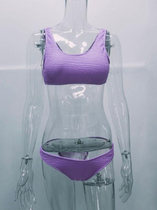wrinkled fabric bikini macaron color split swimsuit - 808Lush