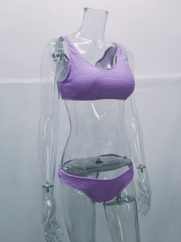 wrinkled fabric bikini macaron color split swimsuit - 808Lush