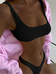 wrinkled fabric bikini macaron color split swimsuit - 808Lush