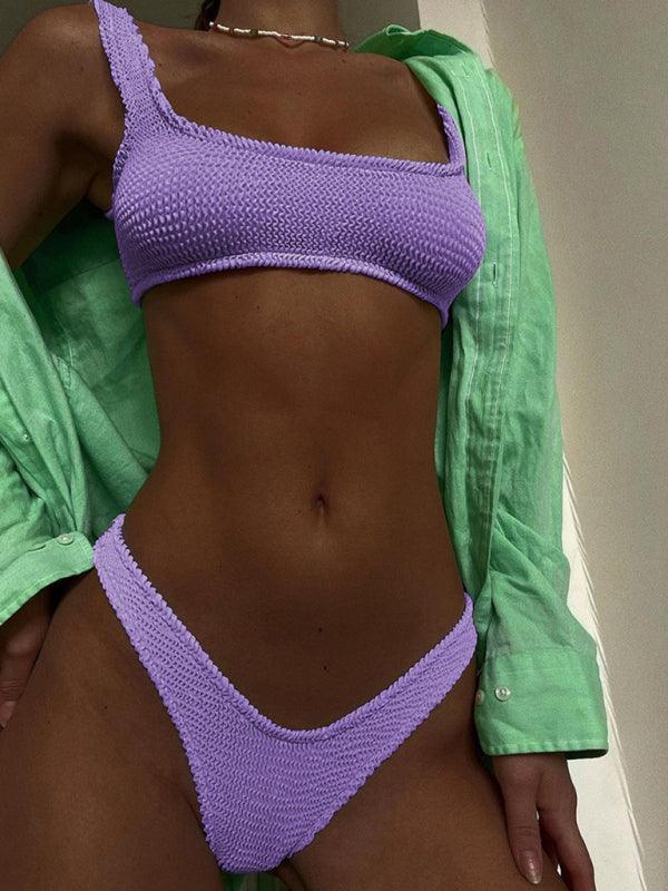 wrinkled fabric bikini macaron color split swimsuit - 808Lush