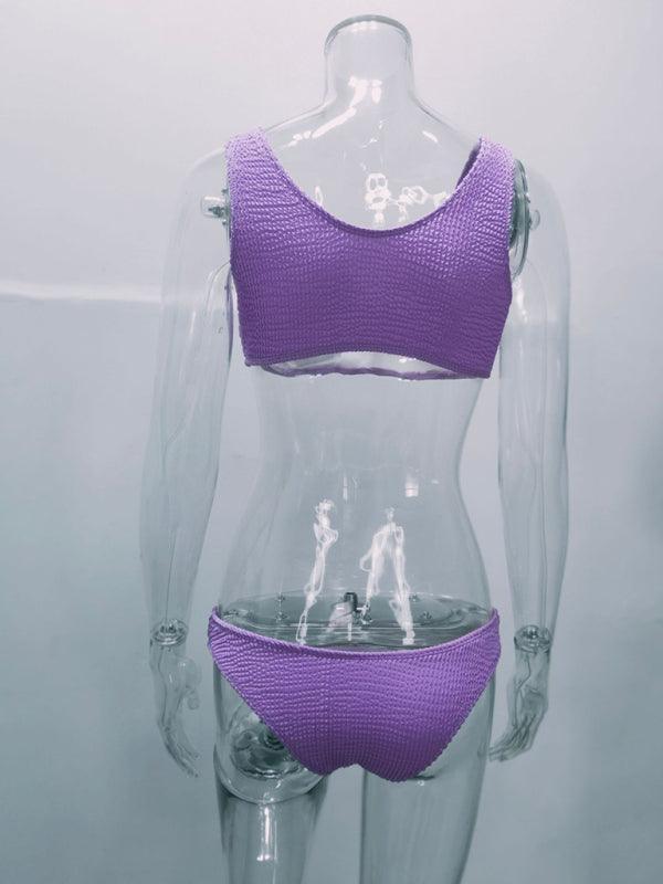 wrinkled fabric bikini macaron color split swimsuit - 808Lush