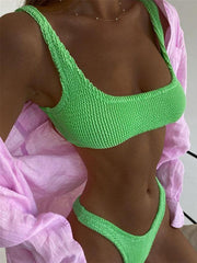 wrinkled fabric bikini macaron color split swimsuit - 808Lush