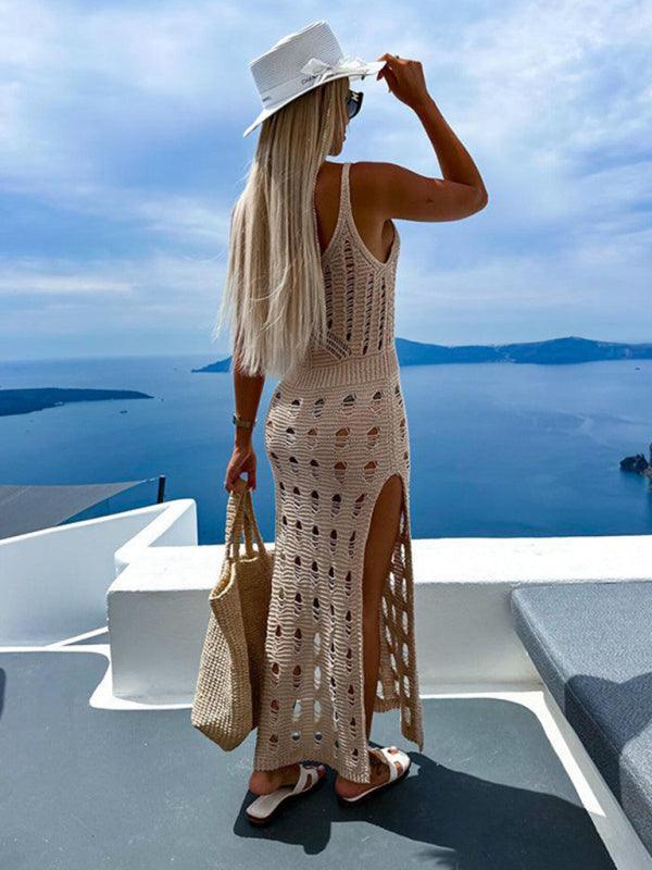 Women's knitted hollow solid color slim sexy V-neck slit - 808Lush