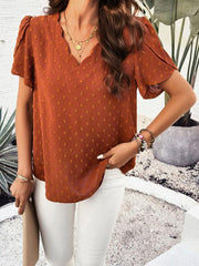Women's style solid color V-neck ruffle sleeve top - 808Lush