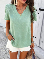Women's style solid color V-neck ruffle sleeve top - 808Lush