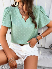 Women's style solid color V-neck ruffle sleeve top - 808Lush