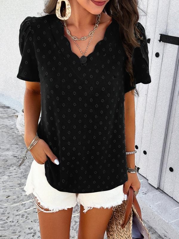 Women's style solid color V-neck ruffle sleeve top - 808Lush