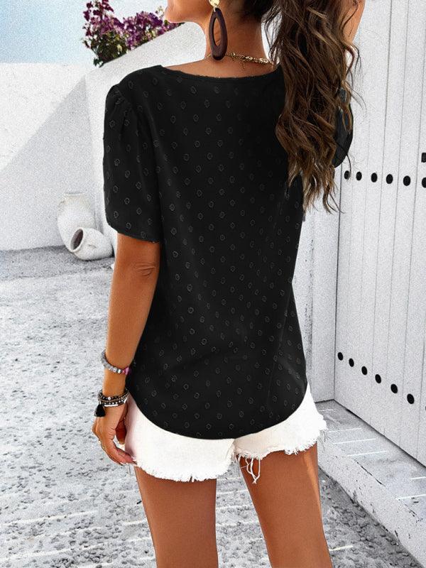 Women's style solid color V-neck ruffle sleeve top - 808Lush