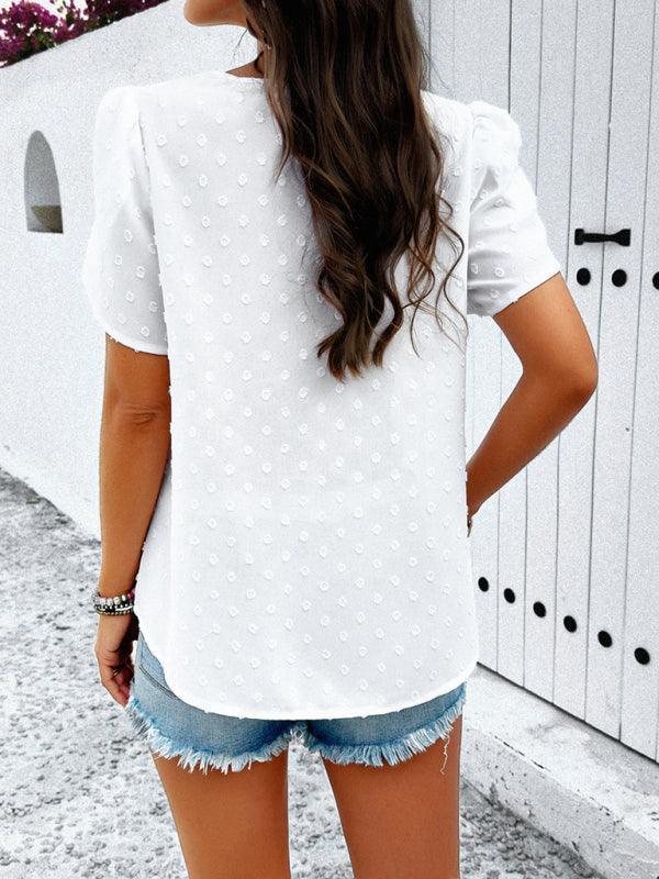 Women's style solid color V-neck ruffle sleeve top - 808Lush