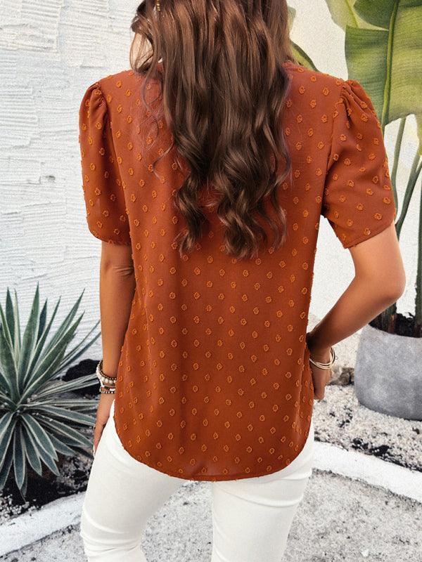 Women's style solid color V-neck ruffle sleeve top - 808Lush