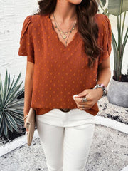 Women's style solid color V-neck ruffle sleeve top - 808Lush