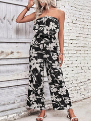 Women's tube top printed tight red jumpsuit - 808Lush