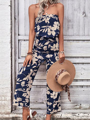 Women's tube top printed tight red jumpsuit - 808Lush