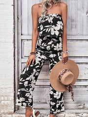 Women's tube top printed tight red jumpsuit - 808Lush