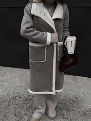 Women's patch pocket gray and white color block coat lapel one-piece fur coat - 808Lush