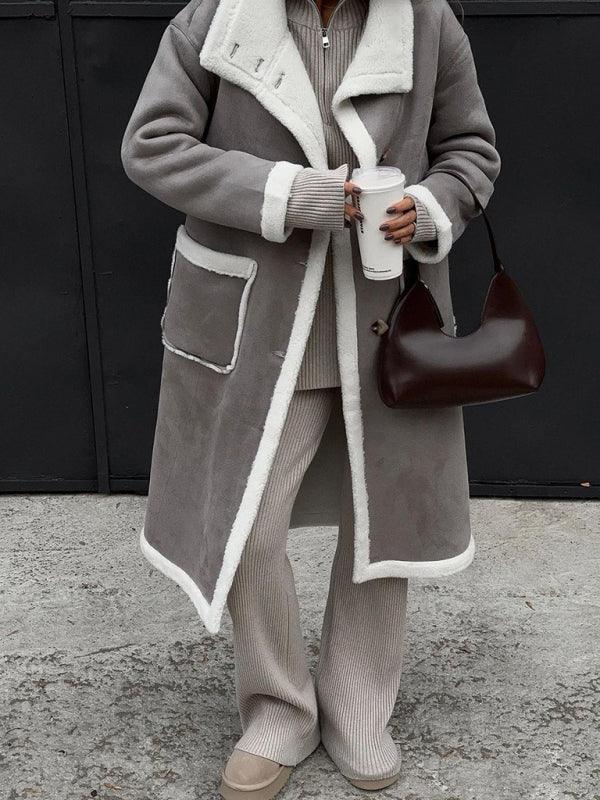 Women's patch pocket gray and white color block coat lapel one-piece fur coat - 808Lush