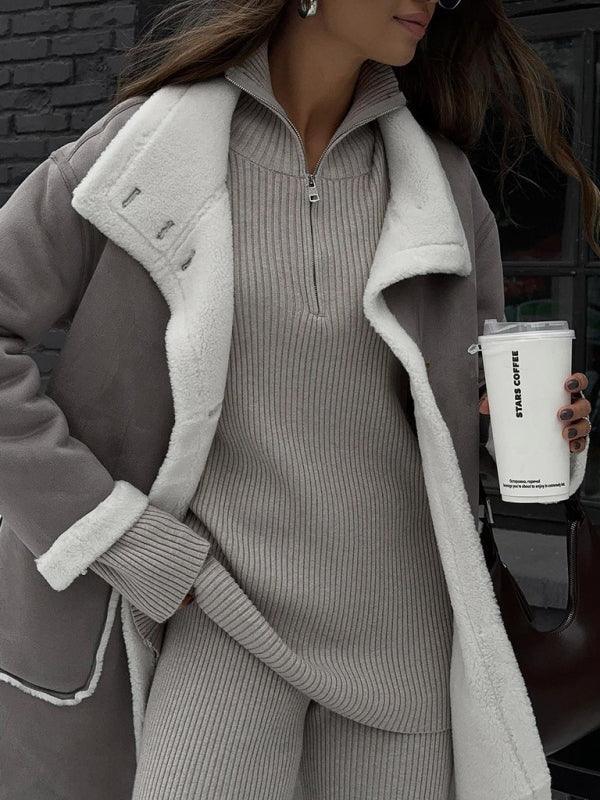 Women's patch pocket gray and white color block coat lapel one-piece fur coat - 808Lush