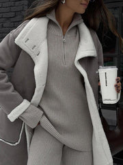 Women's patch pocket gray and white color block coat lapel one-piece fur coat - 808Lush