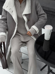 Women's patch pocket gray and white color block coat lapel one-piece fur coat - 808Lush