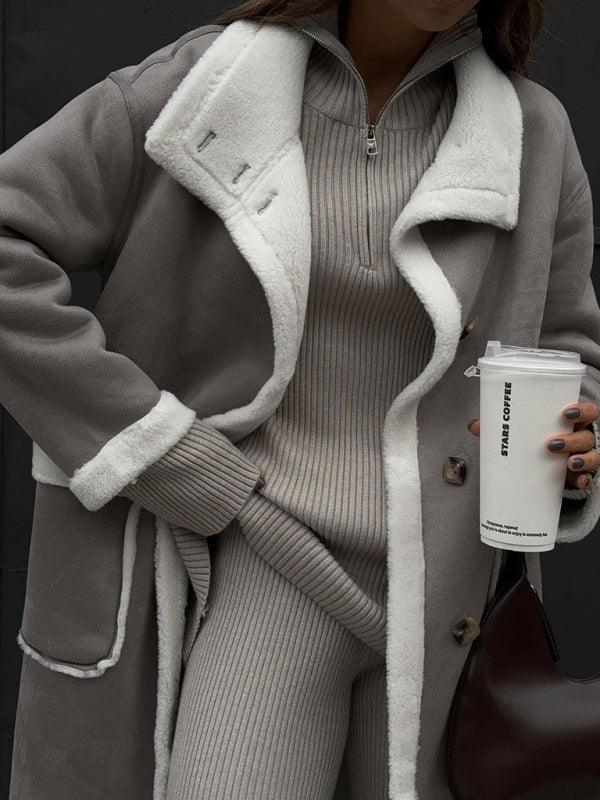 Women's patch pocket gray and white color block coat lapel one-piece fur coat - 808Lush