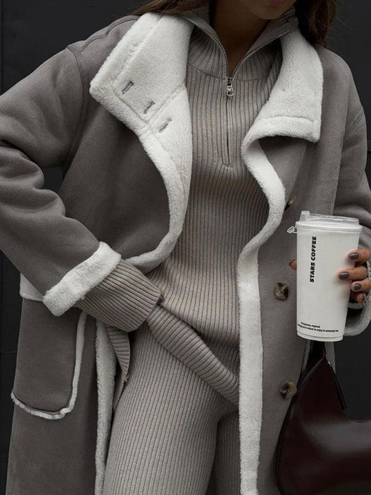 Women's patch pocket gray and white color block coat lapel one-piece fur coat - 808Lush