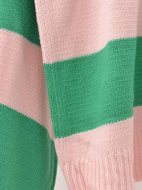 Women's patchwork striped round neck casual knitted sweater - 808Lush