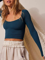 Women's pitted U-neck long-sleeved solid color navel-baring French - 808Lush