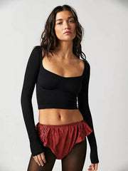 Women's pitted U-neck long-sleeved solid color navel-baring French - 808Lush