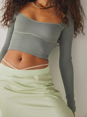 Women's pitted U-neck long-sleeved solid color navel-baring French - 808Lush