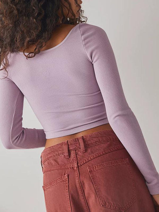 Women's pitted U-neck long-sleeved solid color navel-baring French - 808Lush