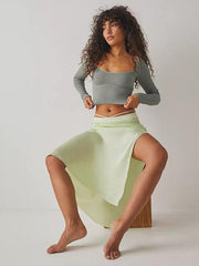 Women's pitted U-neck long-sleeved solid color navel-baring French - 808Lush