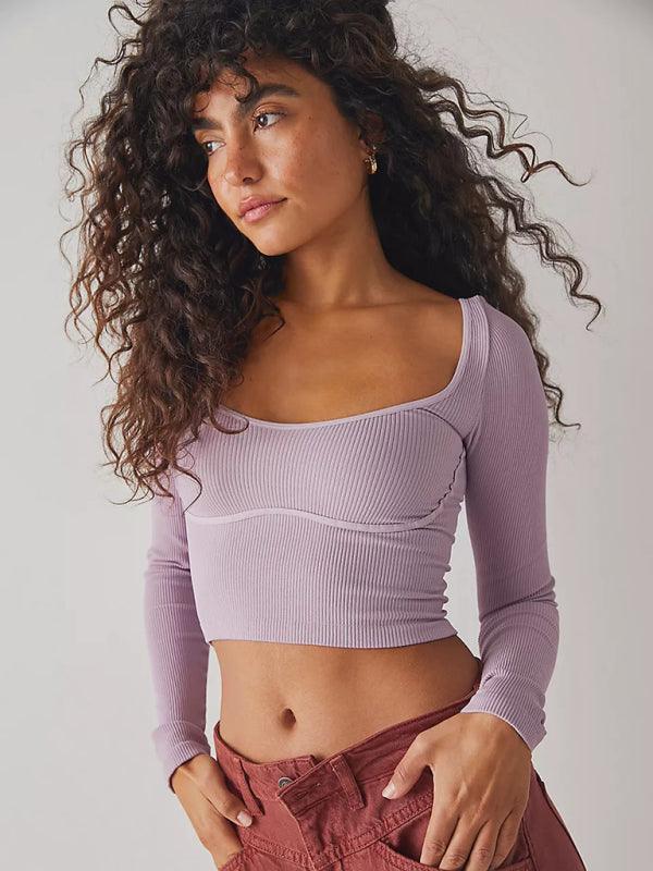 Women's pitted U-neck long-sleeved solid color navel-baring French - 808Lush