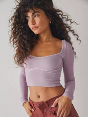 Women's pitted U-neck long-sleeved solid color navel-baring French - 808Lush