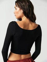 Women's pitted U-neck long-sleeved solid color navel-baring French - 808Lush