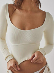 Women's pitted U-neck long-sleeved solid color navel-baring French - 808Lush