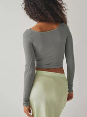 Women's pitted U-neck long-sleeved solid color navel-baring French - 808Lush