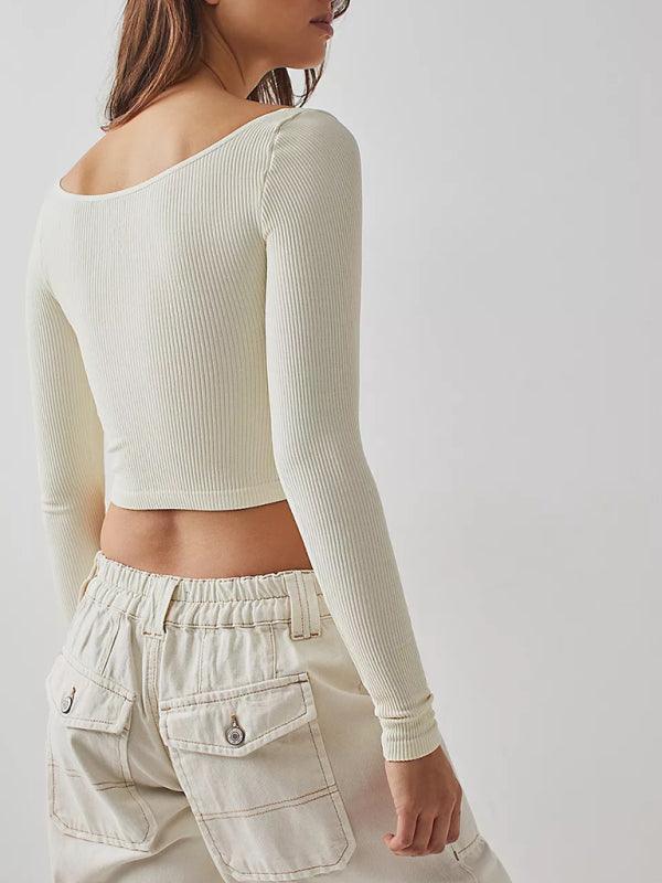 Women's pitted U-neck long-sleeved solid color navel-baring French - 808Lush
