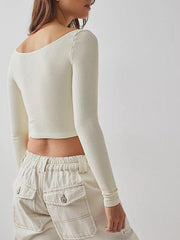 Women's pitted U-neck long-sleeved solid color navel-baring French - 808Lush