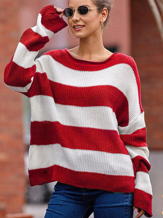 Women's rolled round neck striped color block sweater - 808Lush