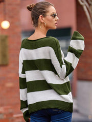 Women's rolled round neck striped color block sweater - 808Lush